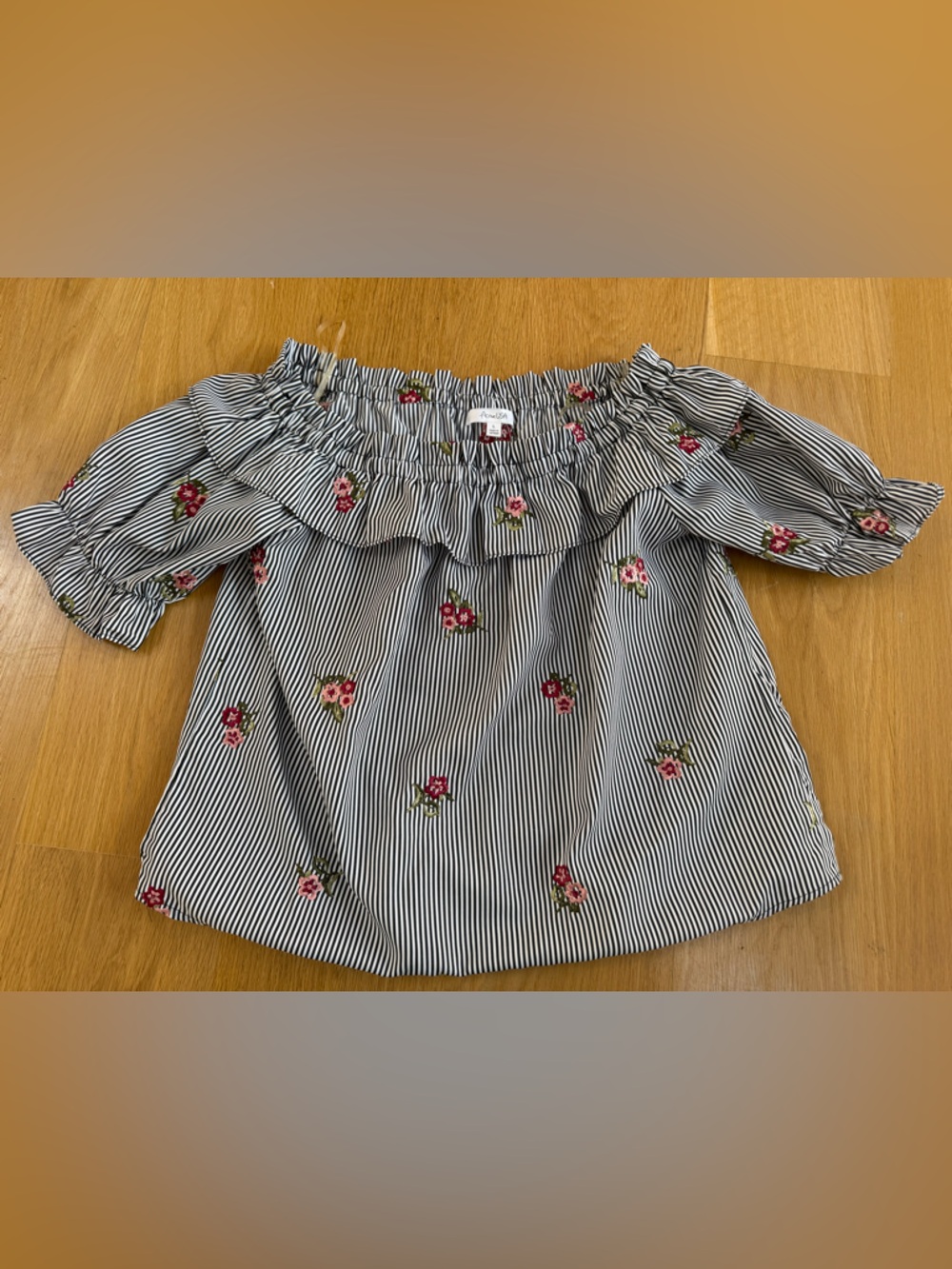 Black & White Striped Off-Shoulder Top with Pink Floral Embroidery